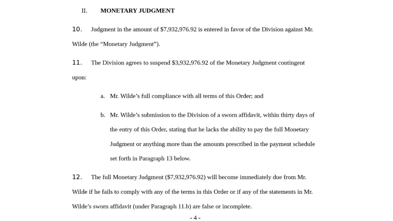 Utah court order showing the $7,932,976.92 judgment against Parker Wilde and the conditional suspension of $3,932,976.92.