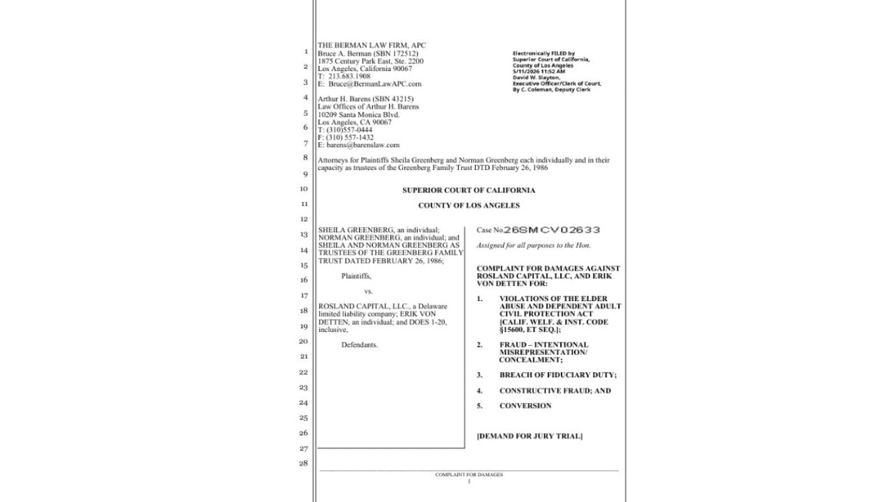 First page of the Greenbergs' civil complaint against Erik von Detten and Rosland Capital, listing allegations of financial elder abuse, fraud and related claims.