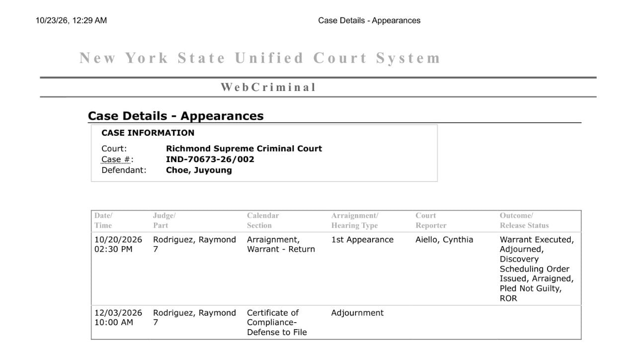 Official New York court appearance record for Juyoung Choe showing her October 20 arraignment, not-guilty plea, release status and December 3 court date.