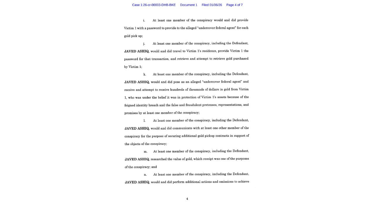 Alabama Page 4 of the federal indictment against Javed Ashiq, describing alleged password exchanges, undercover-agent impersonation and gold pickups.
