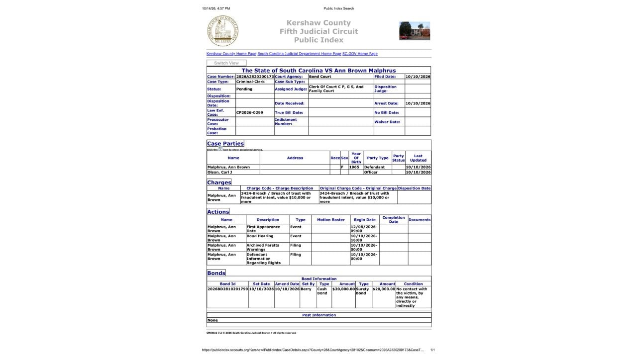 Kershaw County case 2026A2820200173 showing breach of trust of $10,000 or more, a $20,000 cash-or-surety bond and a December 8 court date.