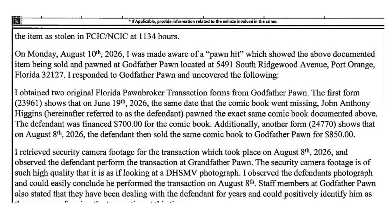 Brevard County Sheriff's Office affidavit excerpt showing $700 and $850 transactions involving the Walking Dead comic