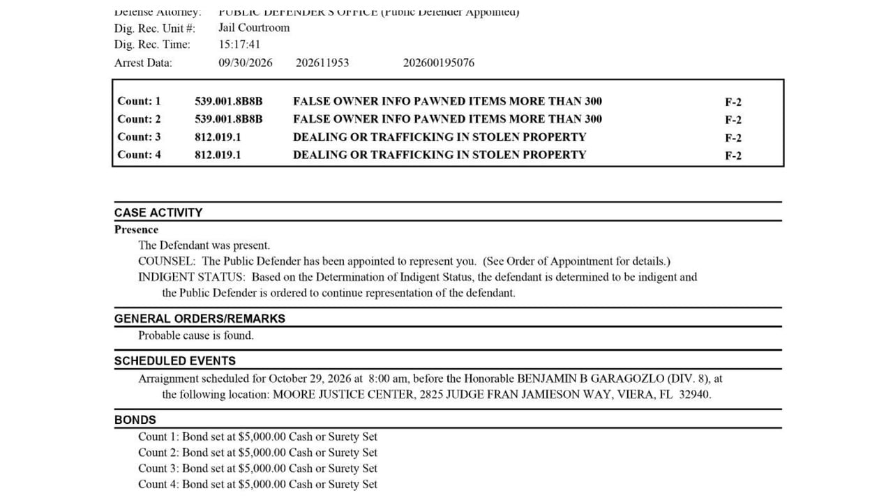 Brevard County initial-appearance minutes listing four second-degree felony counts and $5,000 bond on each count