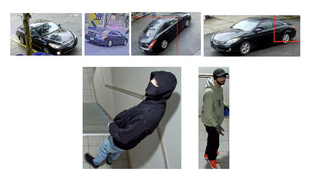 Newark Police surveillance images of suspects and a black Toyota Camry Solara connected to the fake FBI agent home invasion