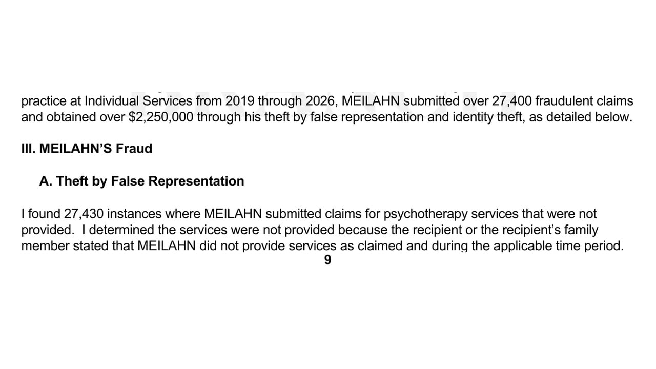 Ramsey County criminal complaint excerpt stating investigators identified 27,430 psychotherapy claims for services allegedly not provided