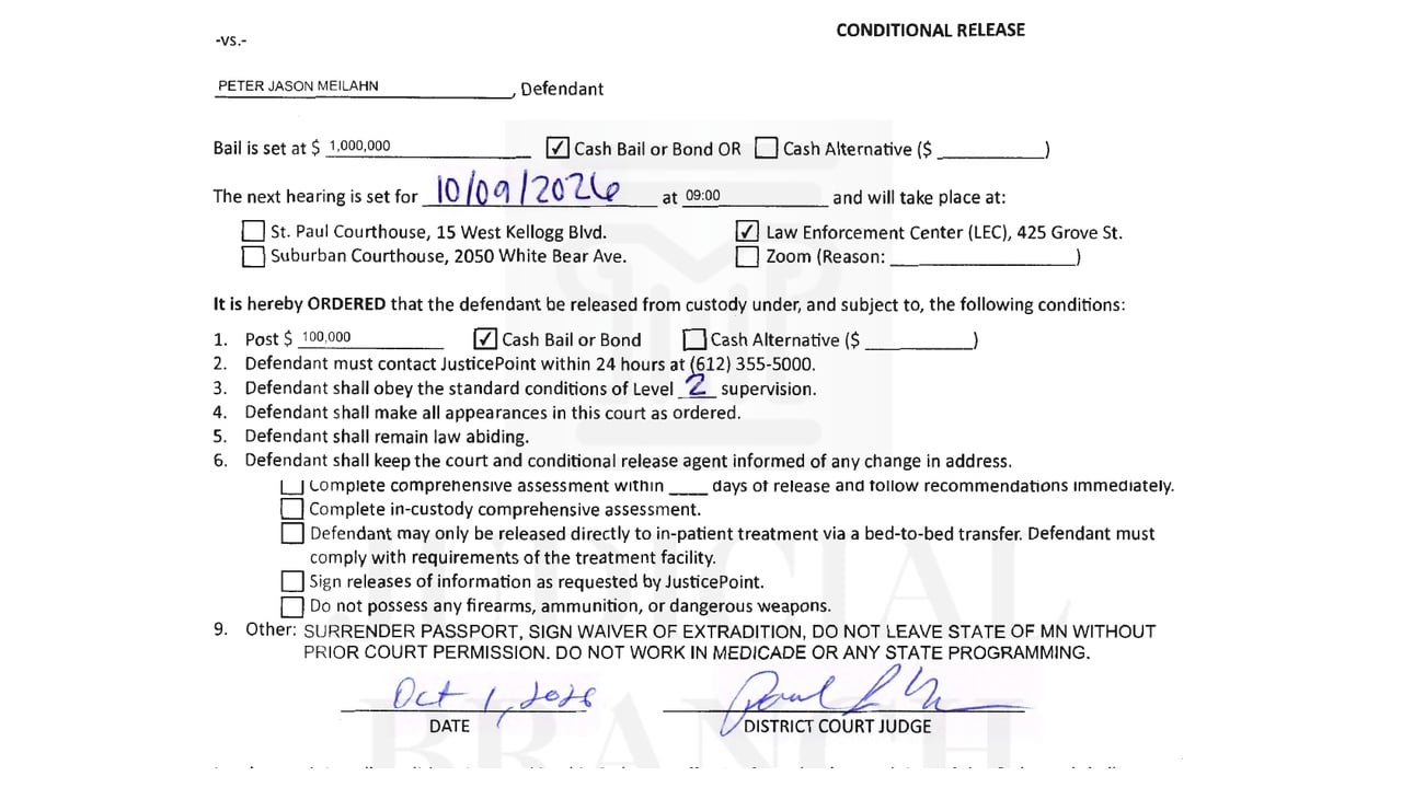 Ramsey County conditional-release order listing $1 million bail or $100,000 bond with conditions for Peter Meilahn