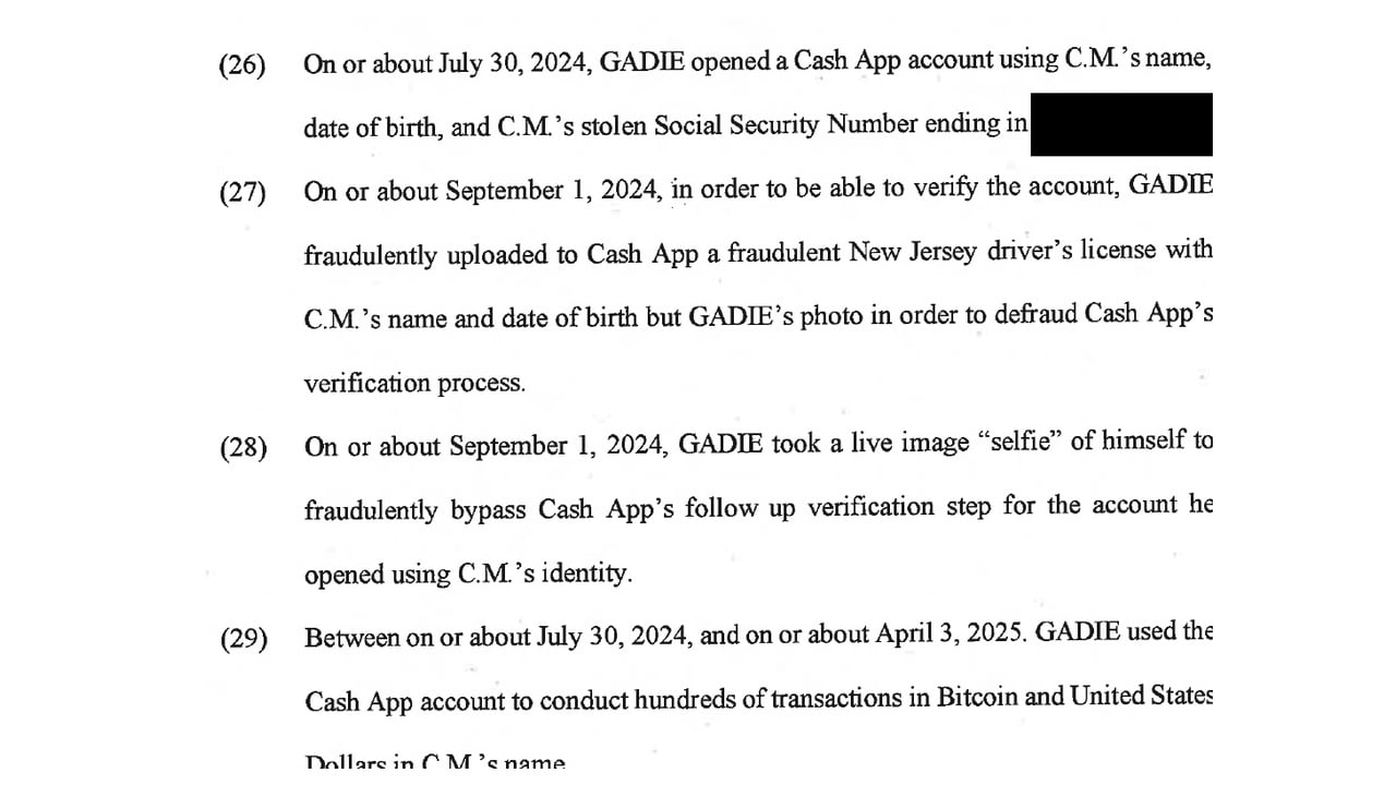 Federal indictment excerpt alleging Philippe Gadie used a victim's identity to open and verify a Cash App account and conduct hundreds of transactions