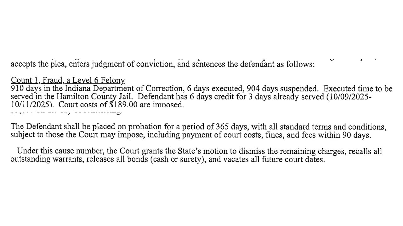 Hamilton Superior Court sentencing order showing Todd Leary's 910-day sentence, 904 suspended days and 365 days of probation