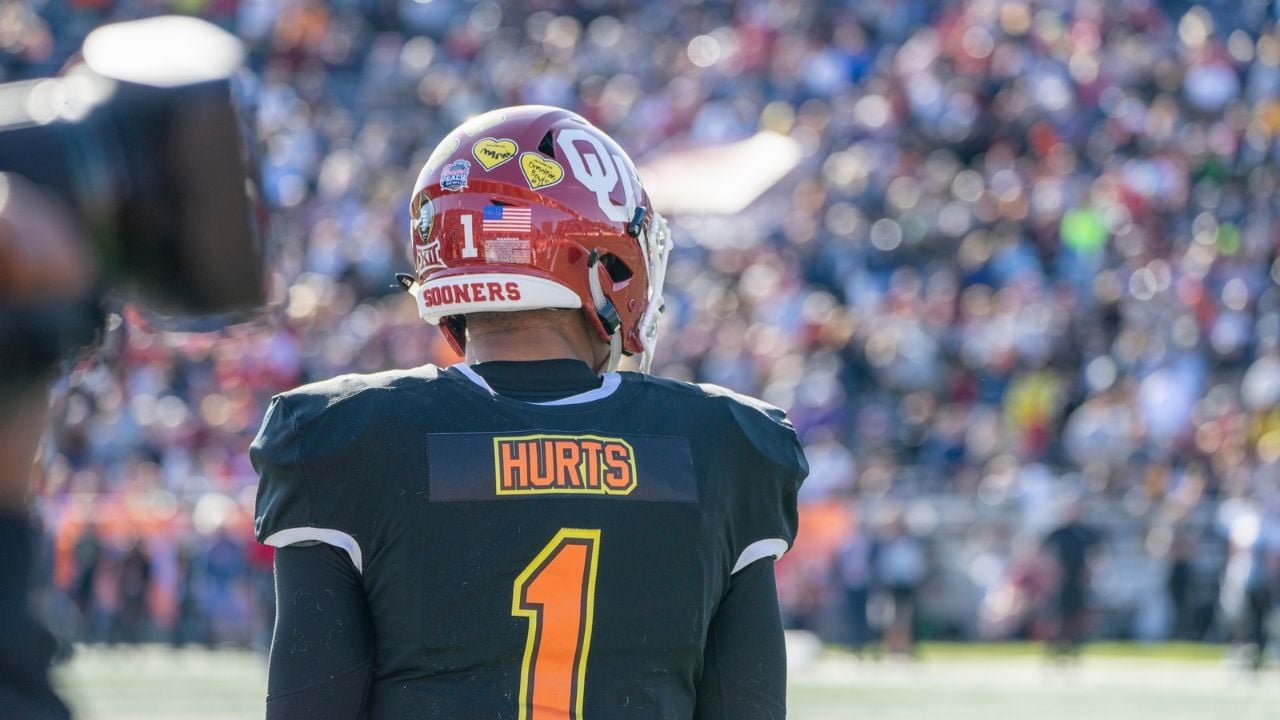 Mobile, Alabama USA - January 25 2020: Jalen Hurts looks onto the field during 2020 Senior Bowl football ball game