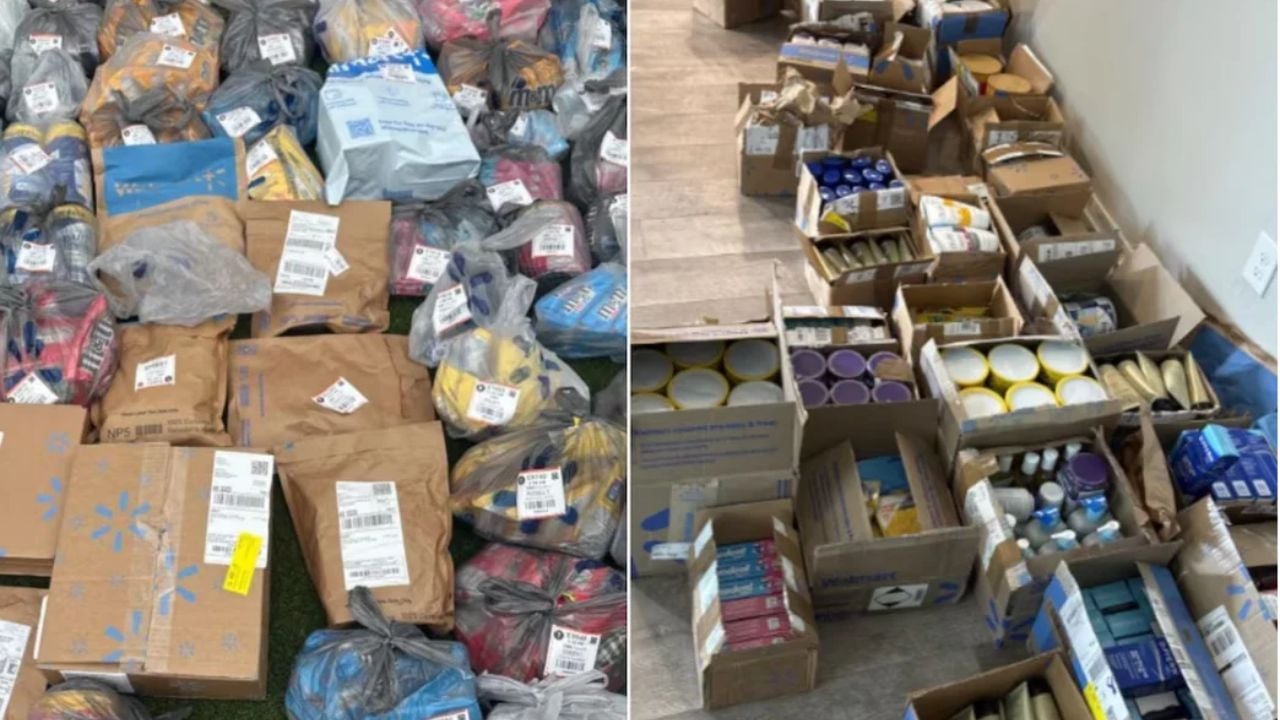 Packages and boxes of bulk household products photographed during the Peoria Walmart fraud investigation.