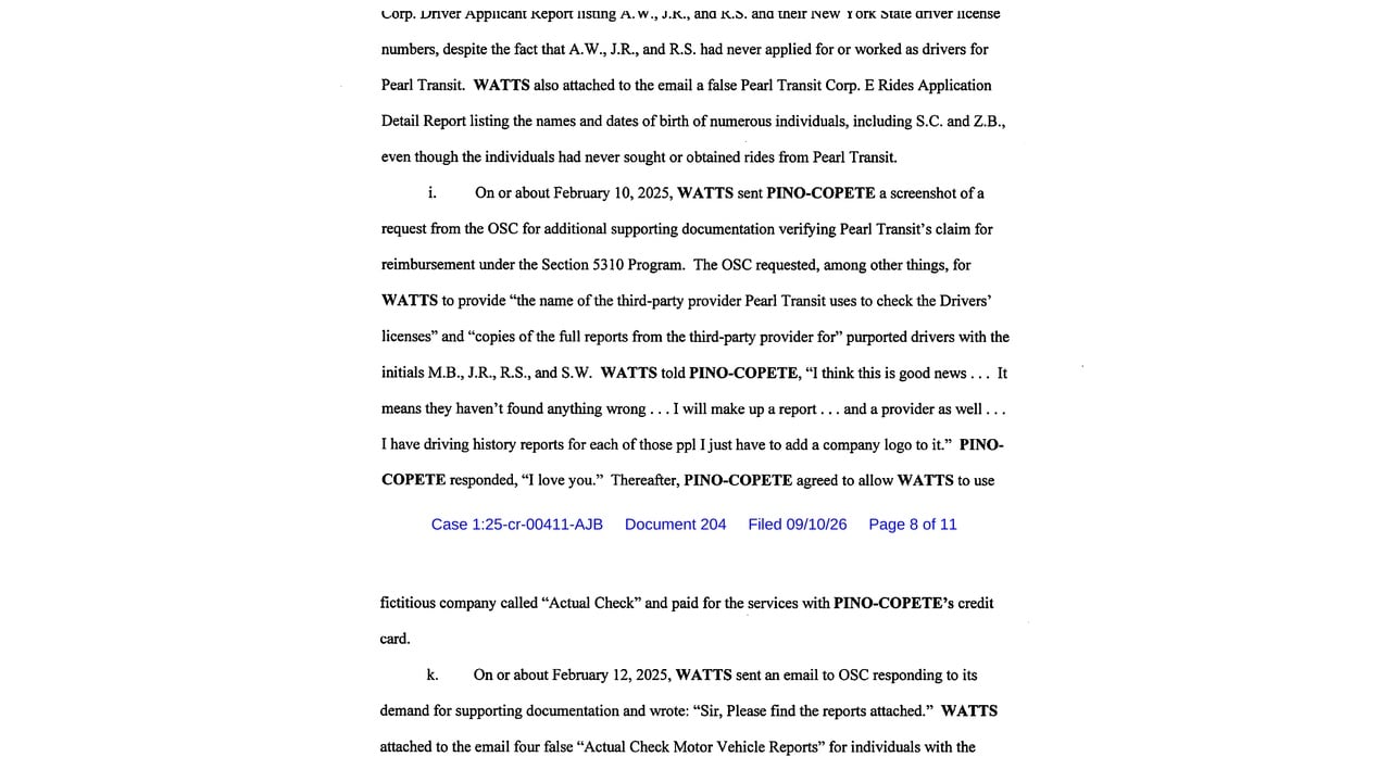 Federal indictment excerpt alleging Jael Watts and Luis Pino-Copete created records attributed to a fictitious motor-vehicle verification company called Actual Check