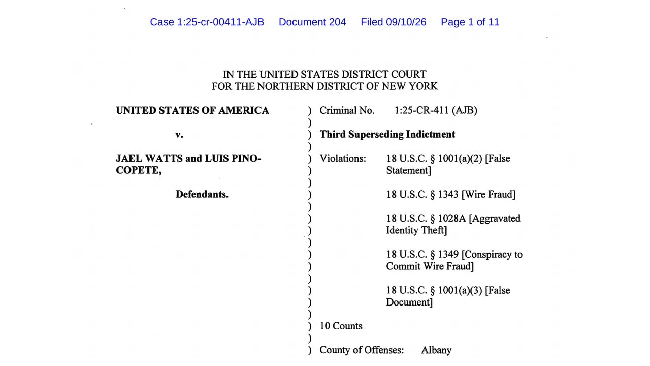 Federal third superseding indictment listing charges against Jael Watts and Luis Pino-Copete